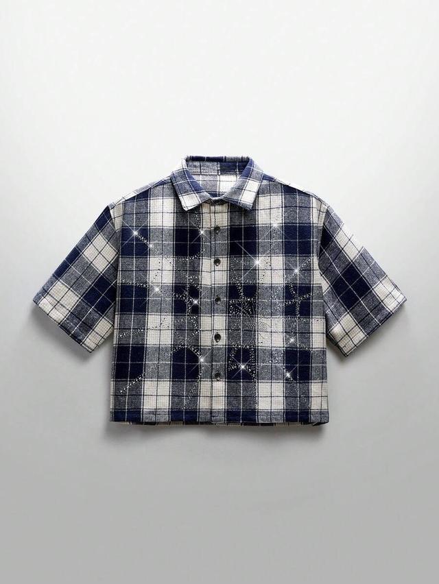 woven rhinestone spider web check short sleeve shirt