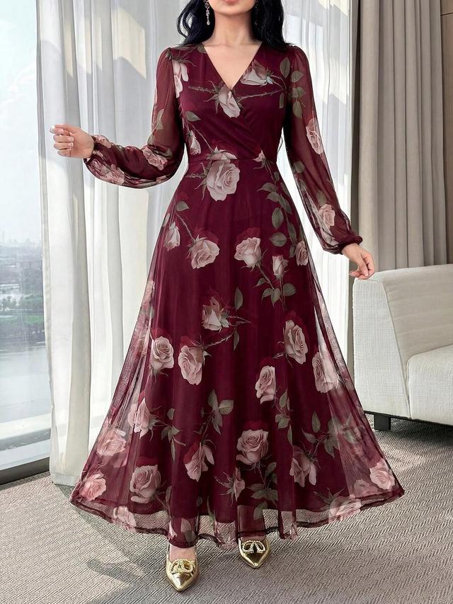 burgundy floral print long sleeve wrap dress