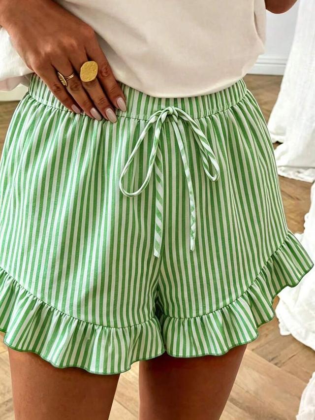 green striped ruffle hem loose waist tie shorts