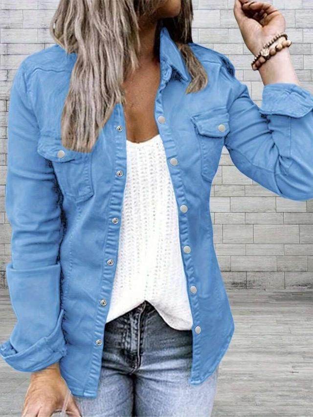 women's blue denim long sleeve button-up shirt