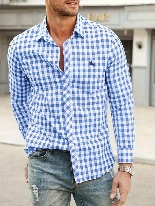 blue and white plaid long sleeve button-up shirt