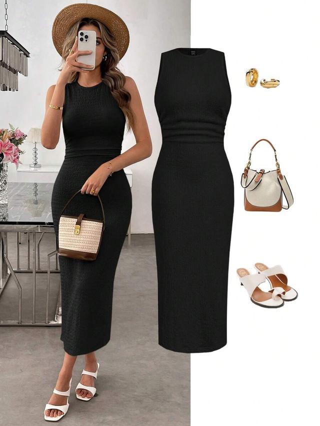 textured knit sleeveless bodycon midi dress