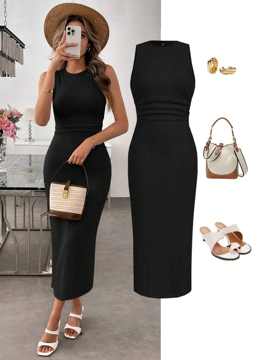 textured knit sleeveless bodycon midi dress
