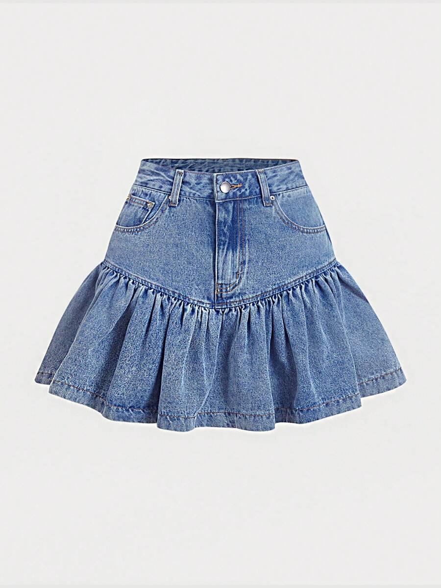 blue denim mini skirt with ruffled drop hem
