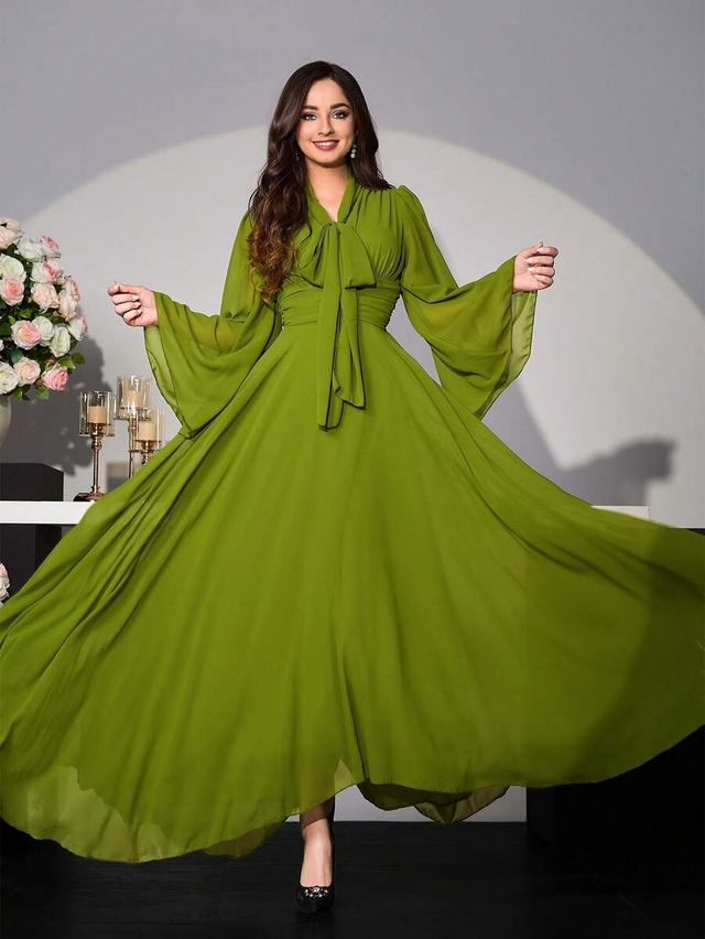 olive green chiffon long sleeve tie neck dress