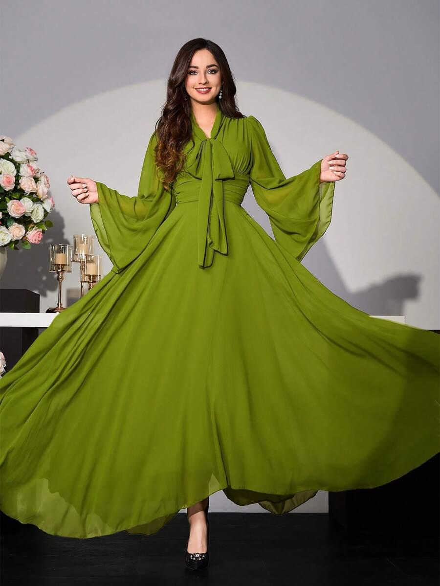 olive green chiffon long sleeve tie neck dress