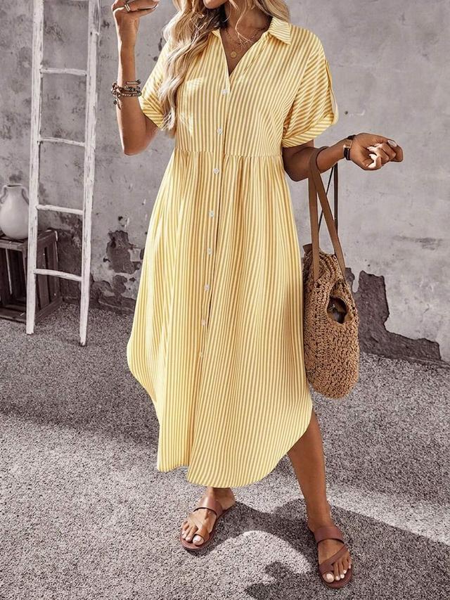 yellow striped asymmetrical hem button-down shirt dress