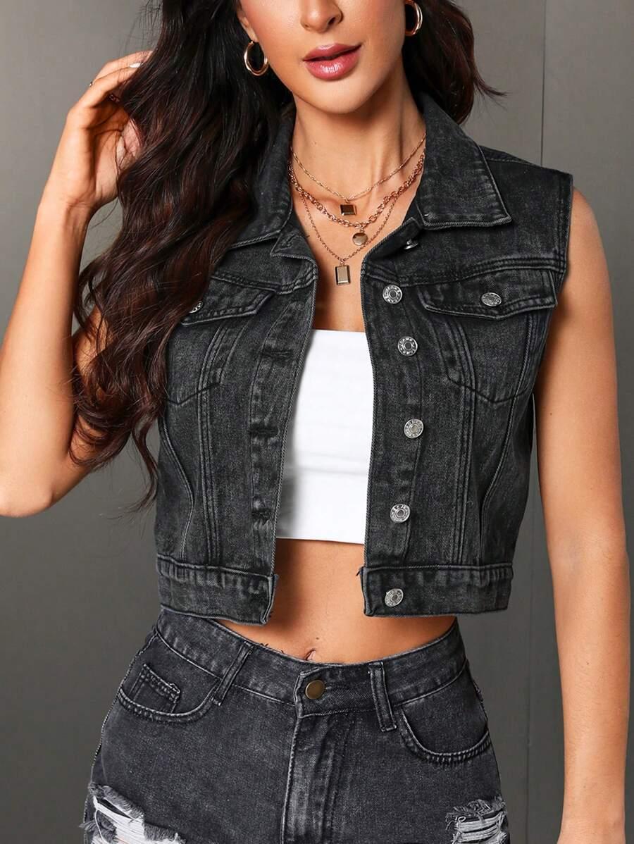 black acid wash denim sleeveless vest