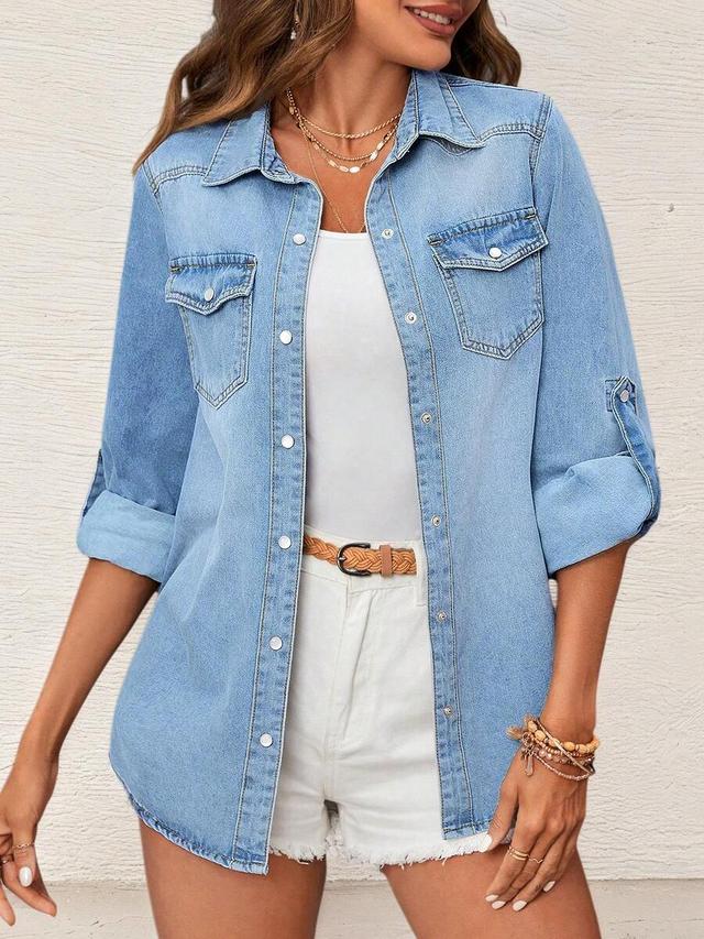 slim fit light wash denim button-up shirt