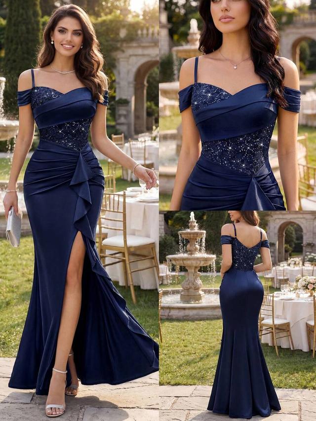 navy blue off-shoulder evening gown with sequin bodice