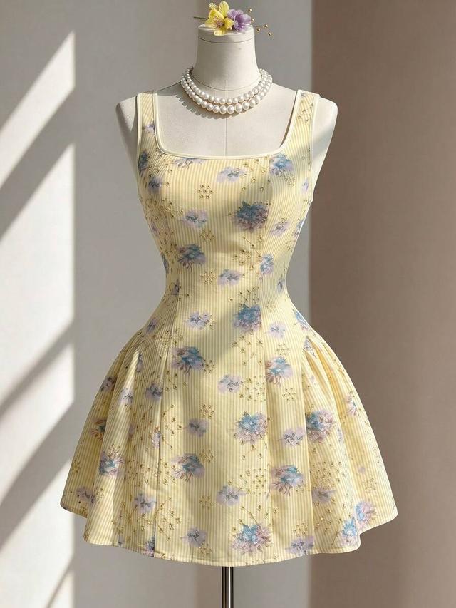 yellow striped floral square neck a-line mini dress