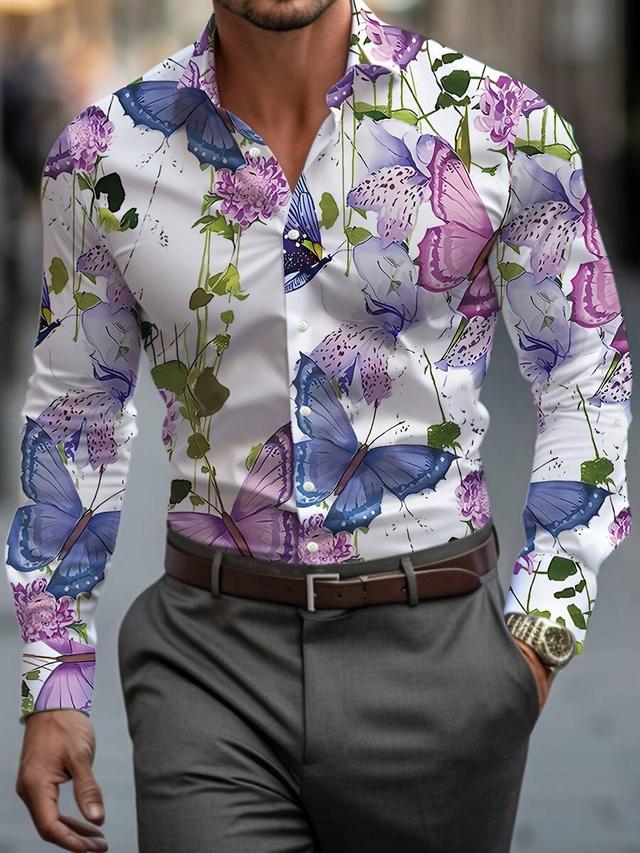 men's romantic butterfly print long sleeve button up shirt
