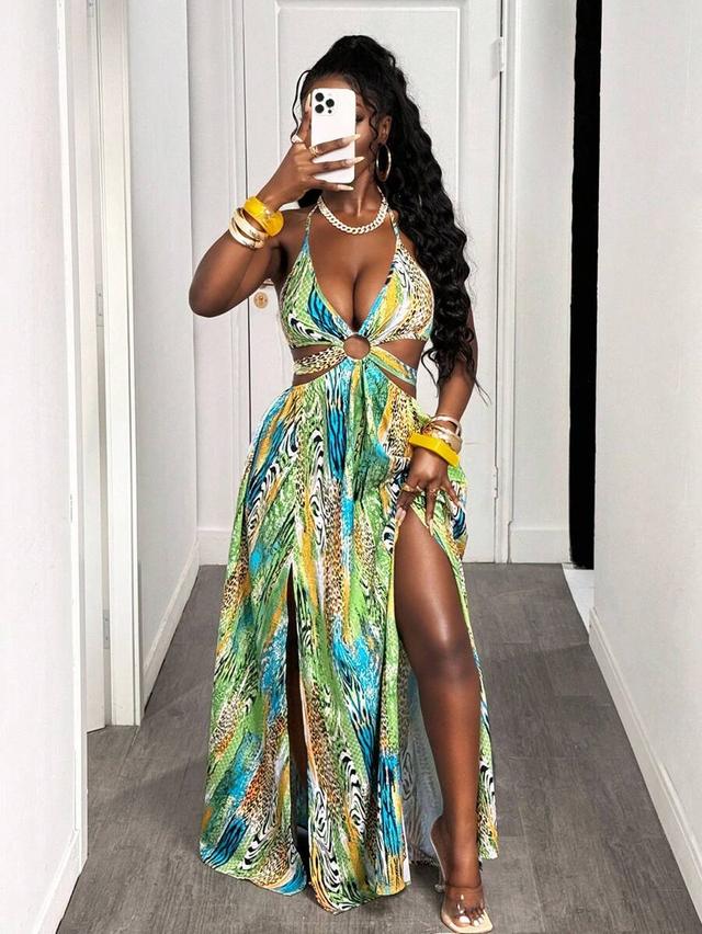 printed halter neck cutout maxi dress