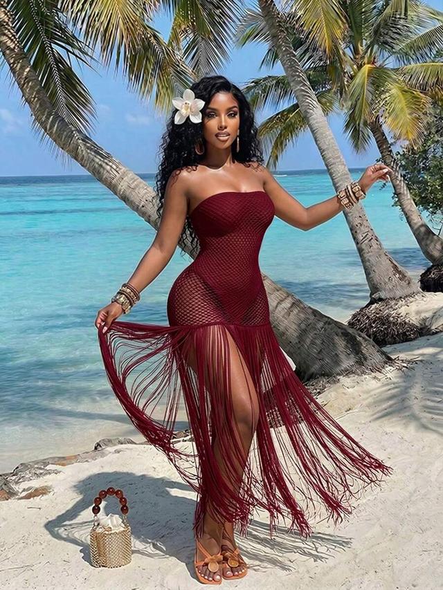 burgundy strapless fishnet fringe beach dress