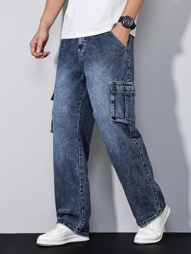 dark wash denim wide leg cargo jeans
