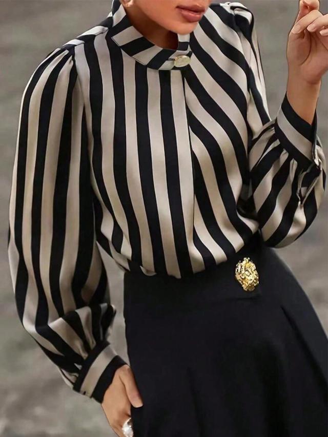 striped print mock neck long sleeve blouse