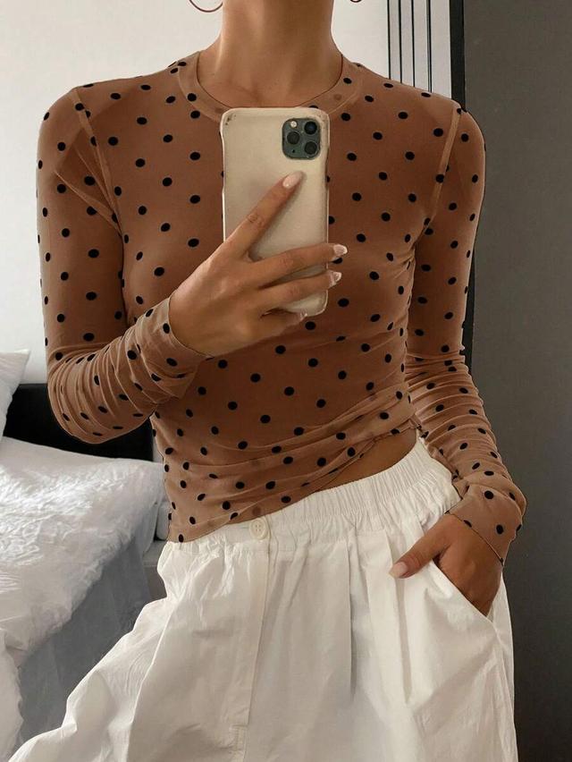polka dot mesh long sleeve fitted blouse