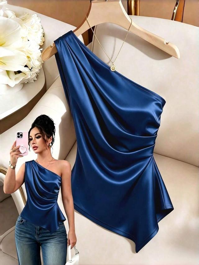 navy blue asymmetric sleeveless satin ruched top