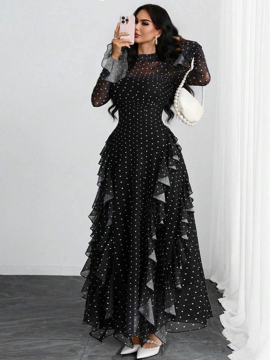 black polka dot ruffle long sleeve asymmetrical dress