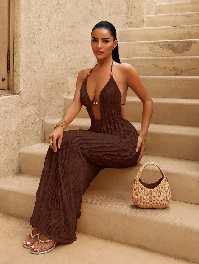 brown textured deep v-neck halter maxi dress