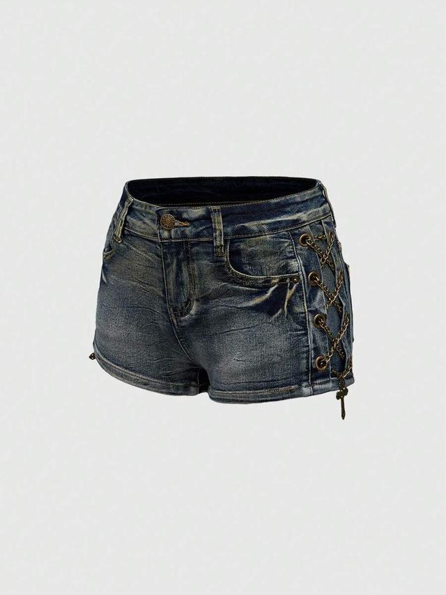 distressed vintage washed denim mini shorts with metal cross