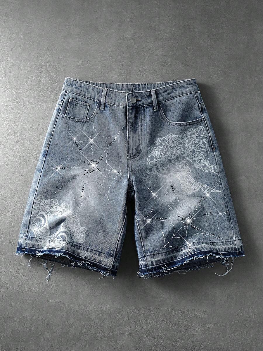 casual denim shorts with rhinestone spiderweb print