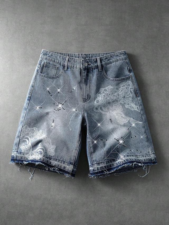 casual denim shorts with rhinestone spiderweb print