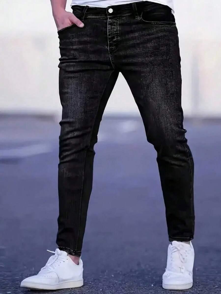 men's grey elastic skinny fit distressed denim jeans