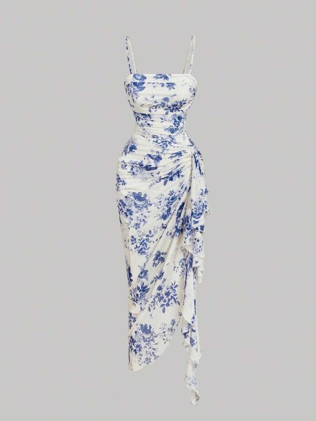 white blue floral print ruched ruffled hem dress