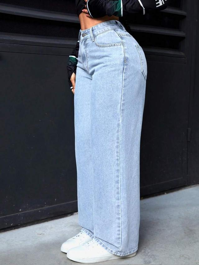 light wash high-waist straight leg denim jeans