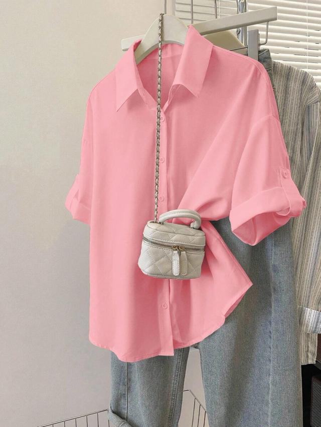 plain pink rolled sleeve single-breasted casual shirt