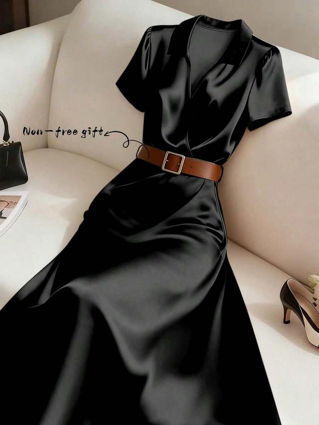 black satin midi wrap dress with collar