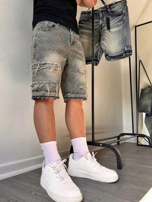 distressed multi-pocket cargo denim bermuda shorts
