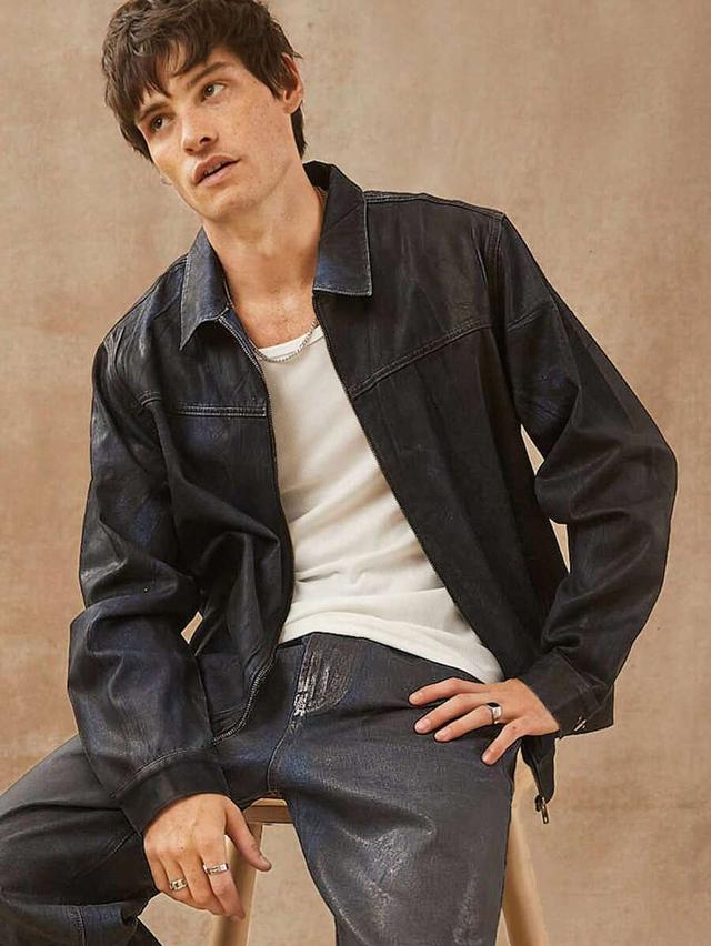 men premium cotton denim dark coated zip up jacket