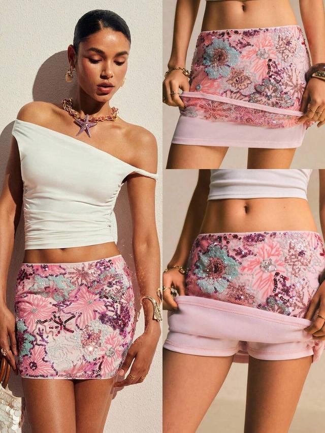 pink floral sequin embellished mini skirt