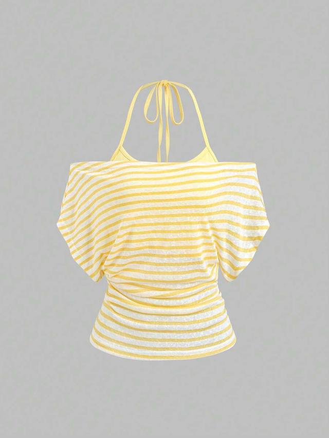 yellow stripes and white striped asymmetric halter tank top