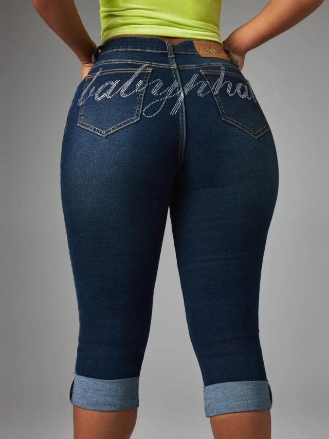 dark wash rhinestone script high rise cropped skinny jeans