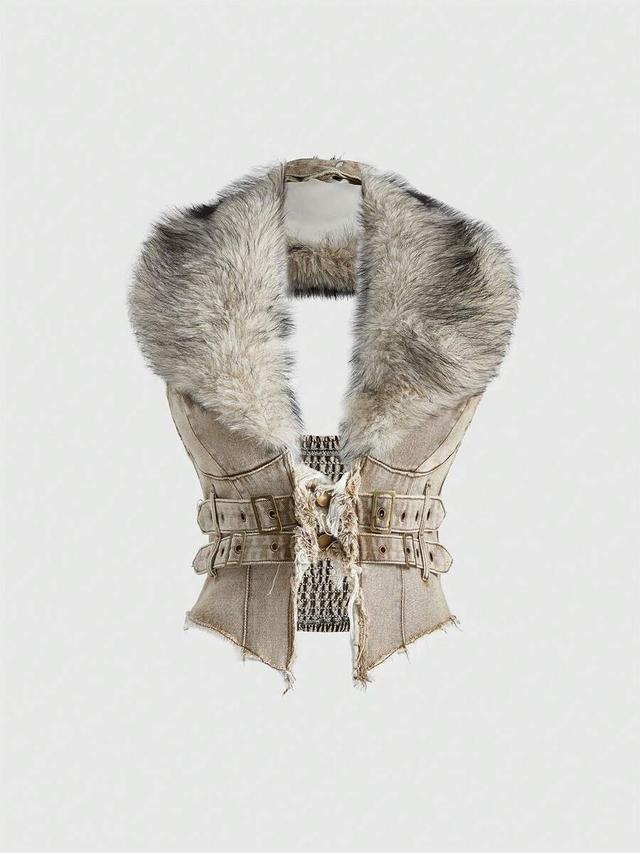 beige y2k distressed denim vest with removable faux fur collar
