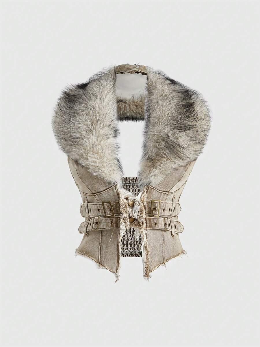 beige y2k distressed denim vest with removable faux fur collar
