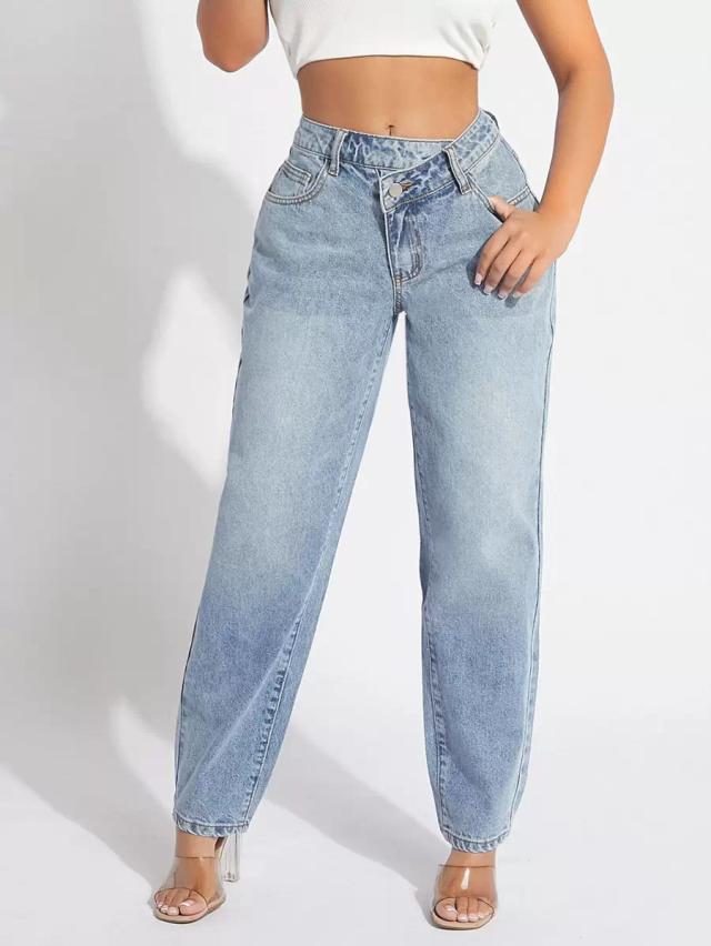 light wash stepped waist mom fit denim jeans