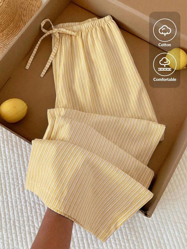 yellow and white striped cotton drawstring wide leg pants