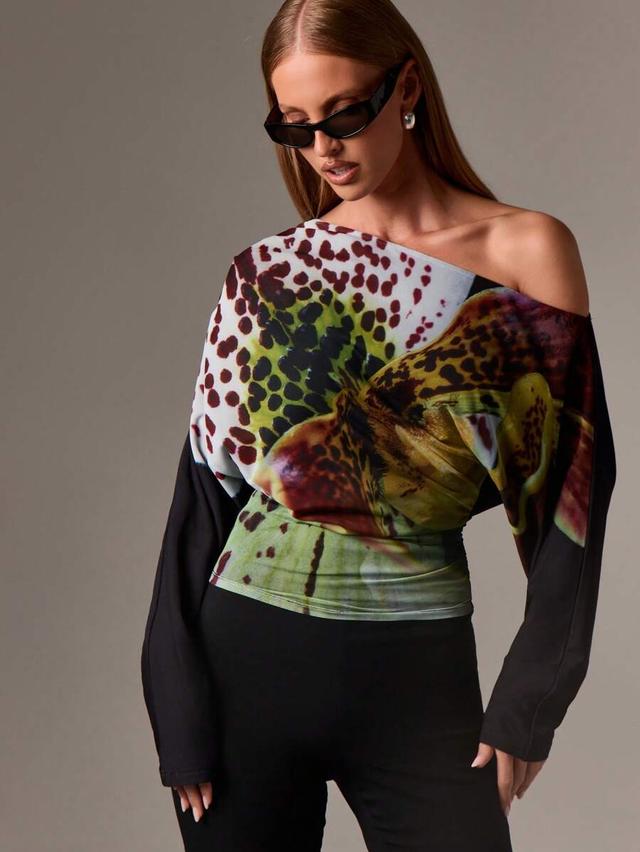 asymmetrical floral print off shoulder blouse with ruched waist