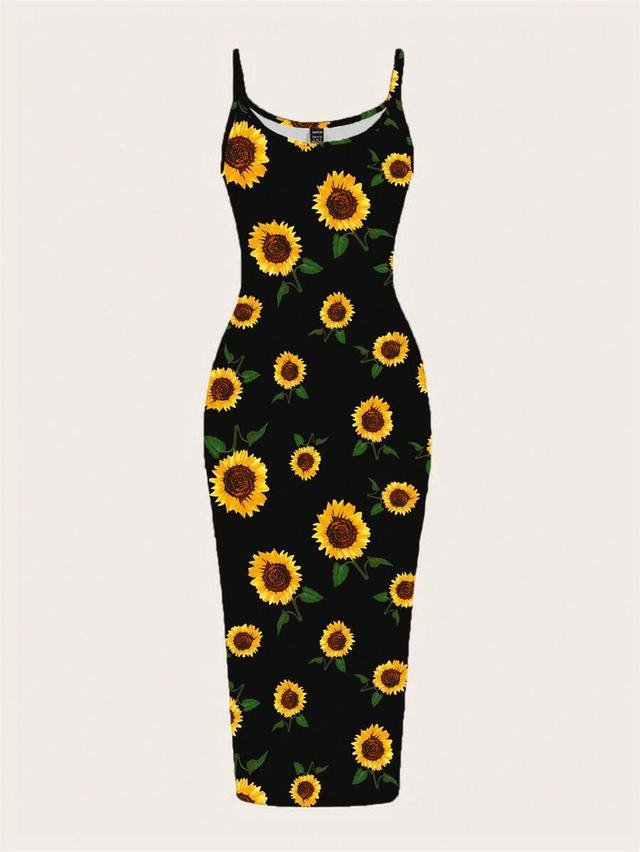 sunflower print black bodycon midi dress