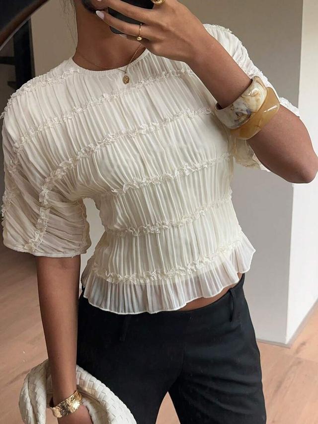french cream white lace ruffle smocked puff sleeve blouse