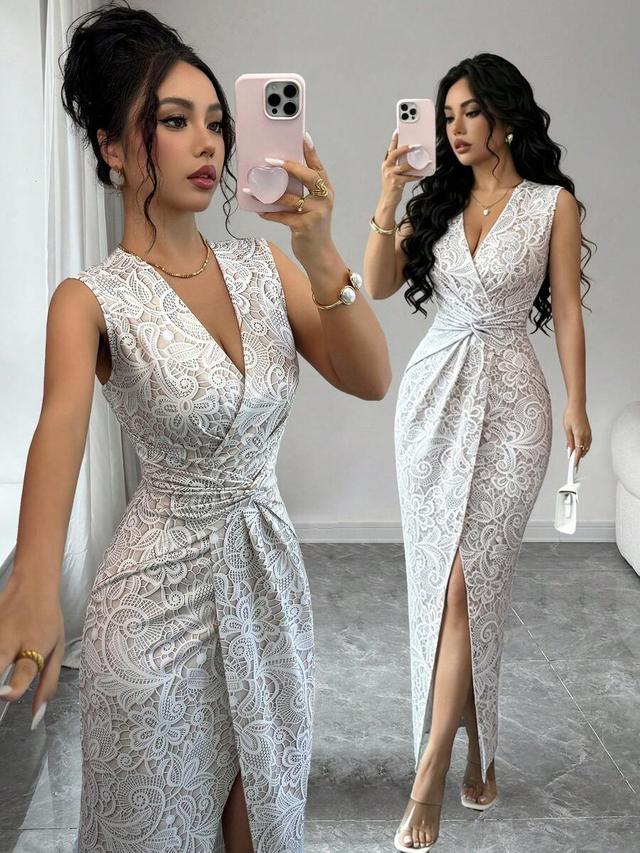 elegant v-neck lace overlap sleeveless slit dress