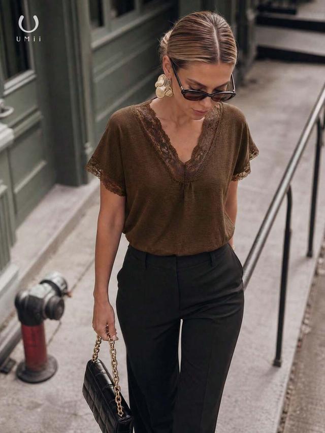 brown v-neck lace trim loose short sleeve top