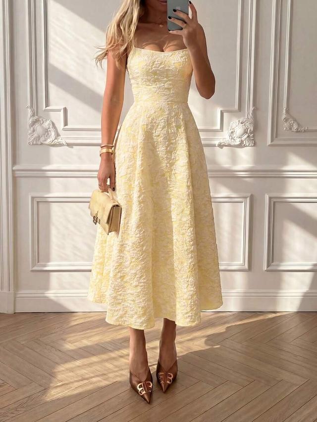 apricot floral jacquard spaghetti strap midi dress