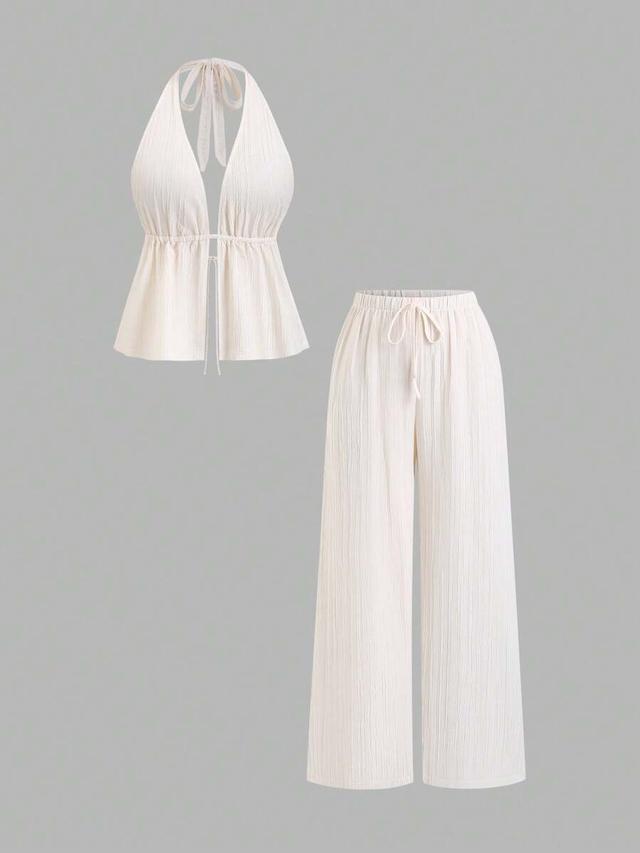 textured striped halter backless top and wide leg pants