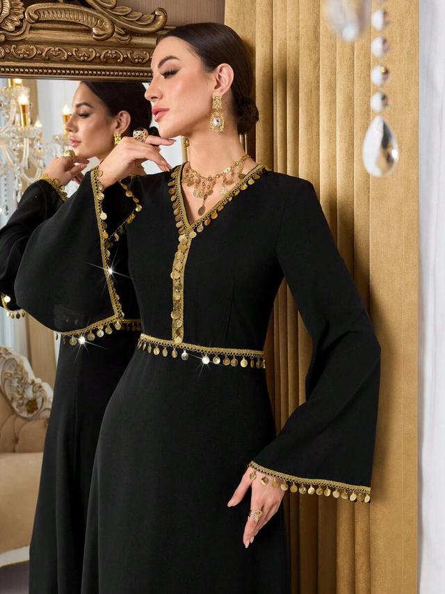 black ribbon trim sequin v-neck flare sleeve jalabiya dress