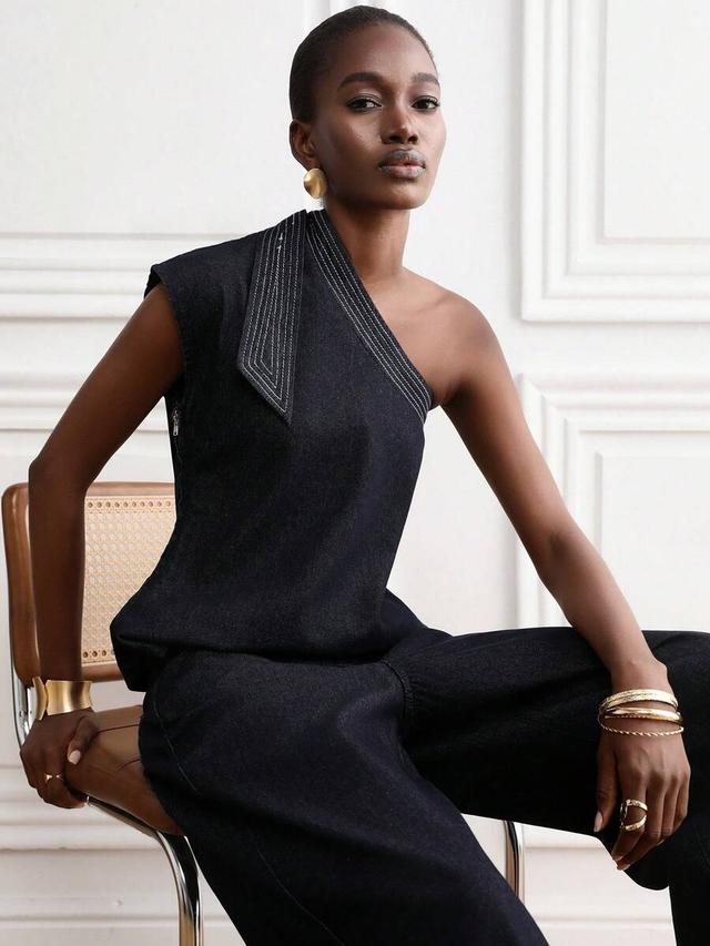 asymmetric shoulder sleeveless denim top